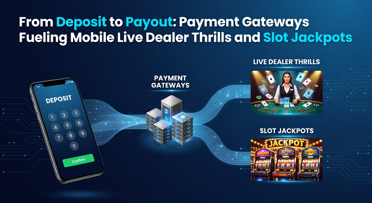 Dynamische Grafik, die Zahlungsströme von Einzahlungen zu Auszahlungen in mobilen Casino-Apps darstellt, mit Symbolen für Live-Dealer-Tische und drehende Slot-Walzen