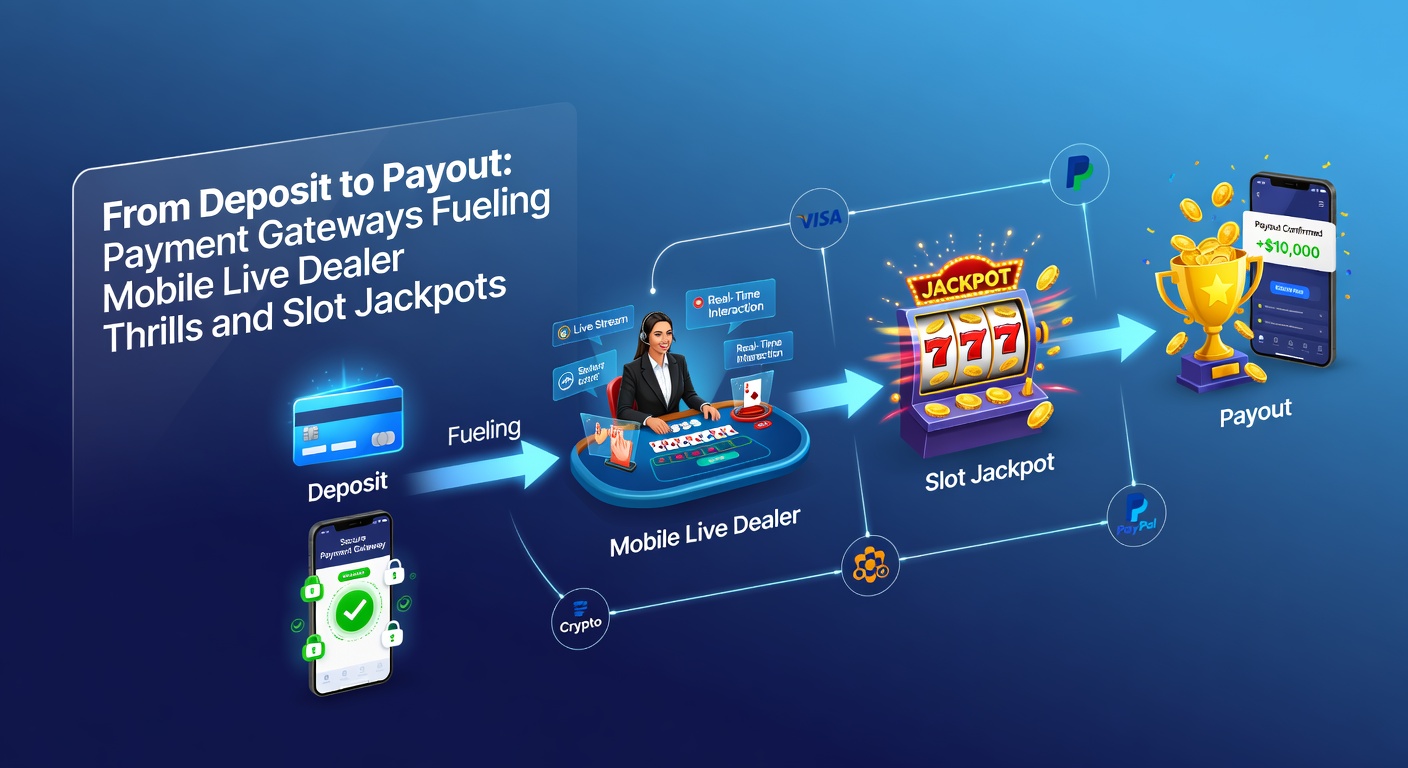 Visuelle Darstellung eines Smartphones mit Live-Dealer-Tisch und Slot-Jackpot, umgeben von Icons für Zahlungsgateways wie E-Wallets und Krypto