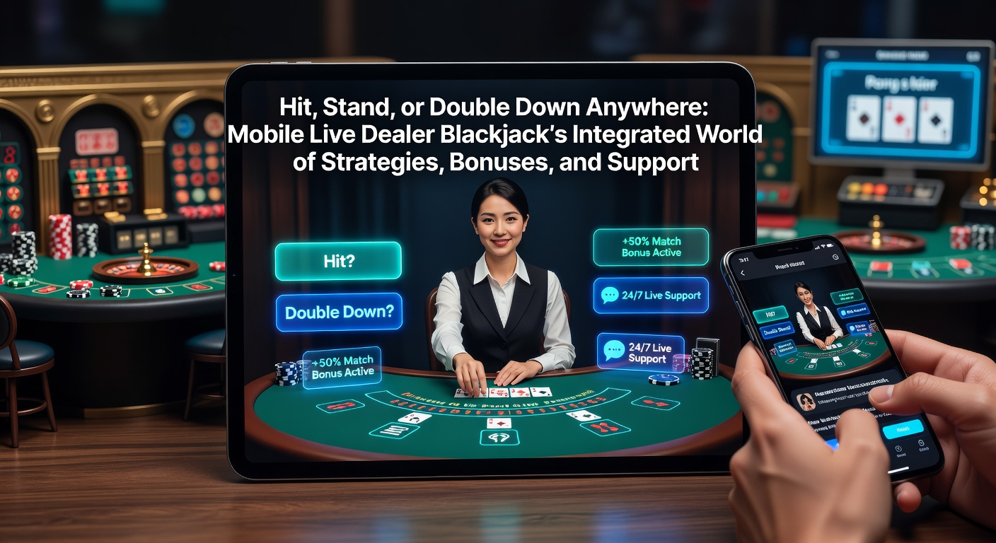 Smartphone mit Live-Dealer-Blackjack-Tisch, wo Spieler Hit, Stand oder Double Down wählen, umgeben von Strategie-Charts und Bonus-Icons