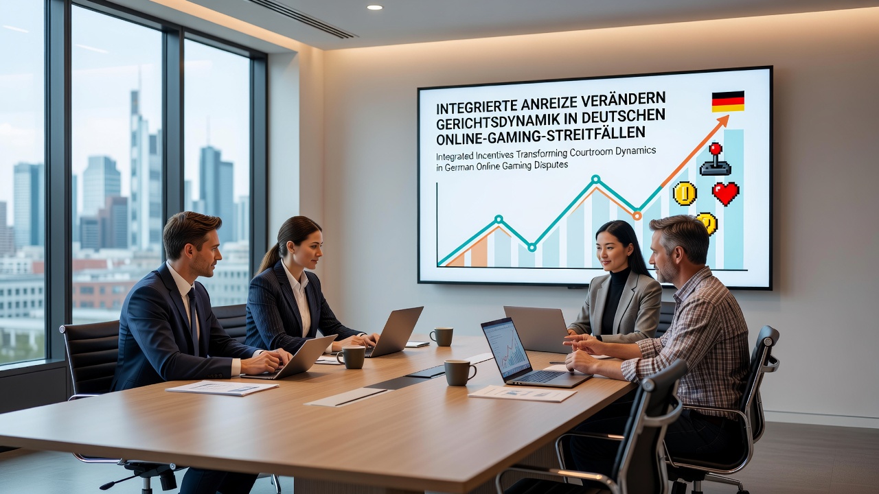 Gerichtssaal mit digitalen Elementen zu Online-Gaming-Streitigkeiten