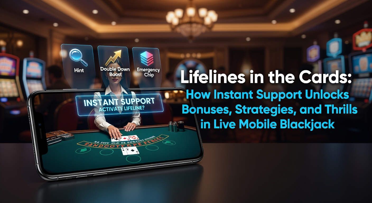 Ein Smartphone zeigt ein Live-Blackjack-Spiel mit Chat-Symbol für Sofort-Support, Karten auf dem Tisch und Bonus-Icons im Hintergrund