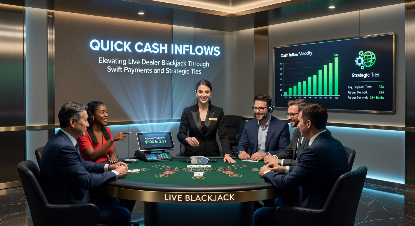 Grafik mit Strategienetzwerken, Zahlungsikonen und Live-Blackjack-Elementen, die Partnerschaften und schnelle Transaktionen visualisieren