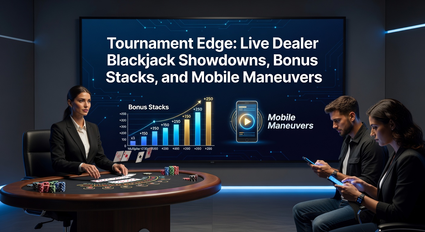 Live-Dealer-Blackjack-Turnier mit Spielern am Tisch und digitalen Bildschirmen, die Ranglisten anzeigen