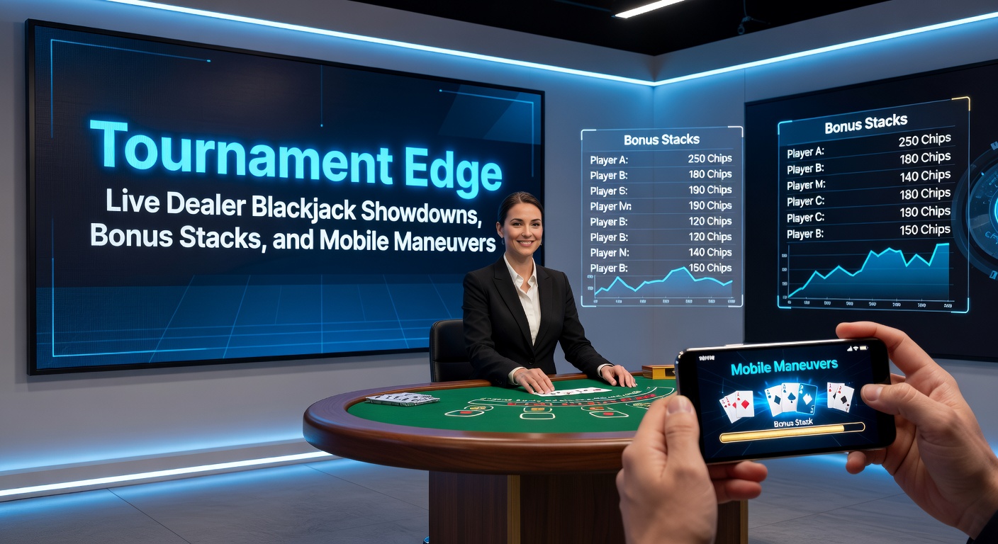 Mobile Blackjack-App mit Turnier-Overlay, Bonus-Stapel-Anzeige und Live-Stream des Dealers